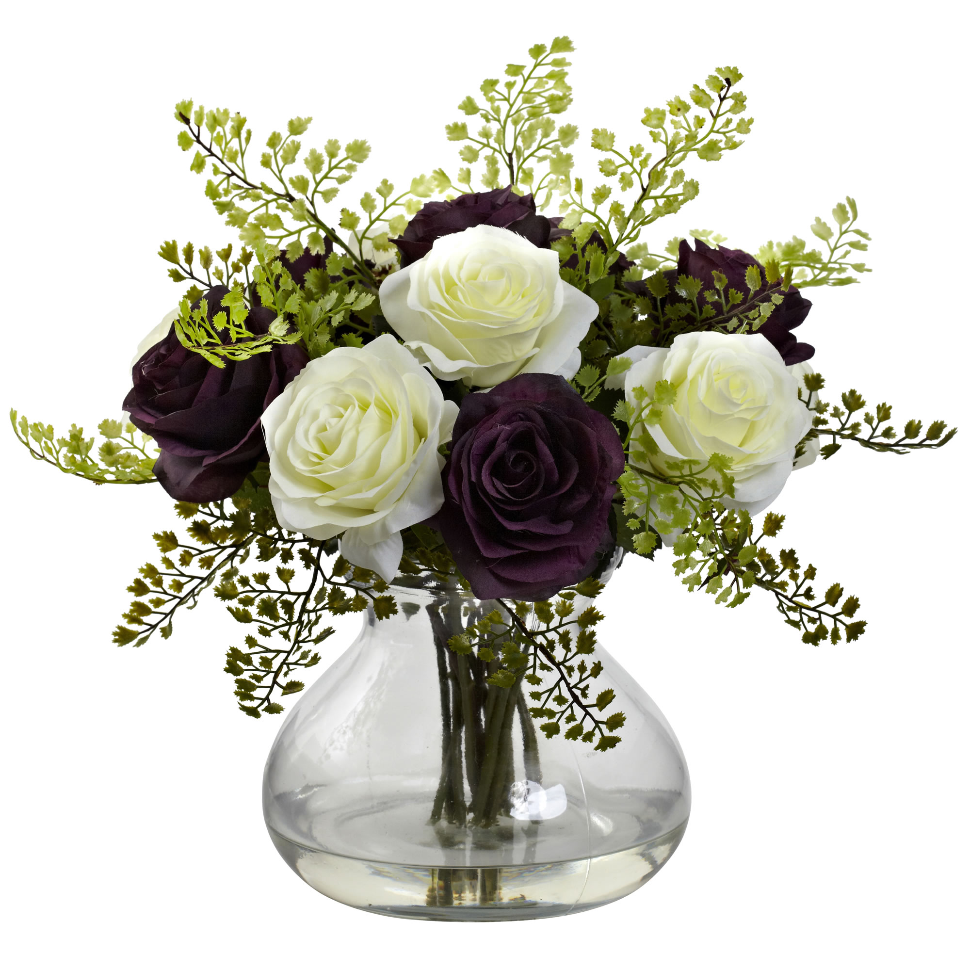 Artificial 14" Roses & Maiden Hair Floral Arrangement in Faux Water